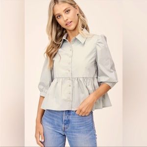 En Saison Sage Poplin Puff Sleeve Button Down